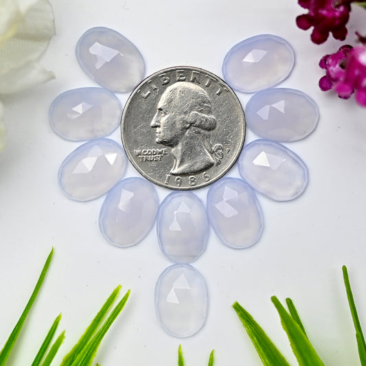 Calibrated Natural Blue Chalcedony Faceted Rose Cut Cabochon 10x14mm