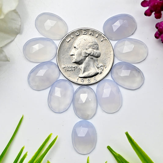 Calibrated Natural Blue Chalcedony Faceted Rose Cut Cabochon 10x14mm