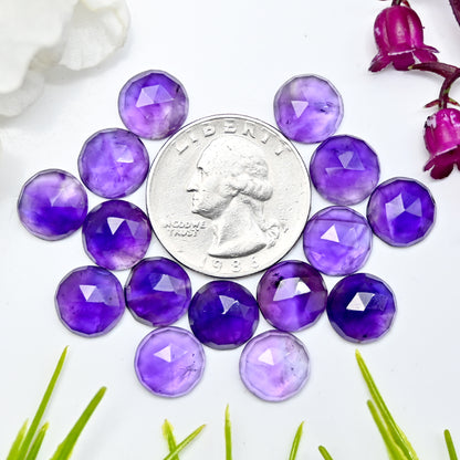 47,75 ct natürlicher Amethyst, 10 mm, kalibrierter Cabochon im Rosenschliff, runde Form, Edelsteinpaket der Güteklasse AA, insgesamt 15 Stück