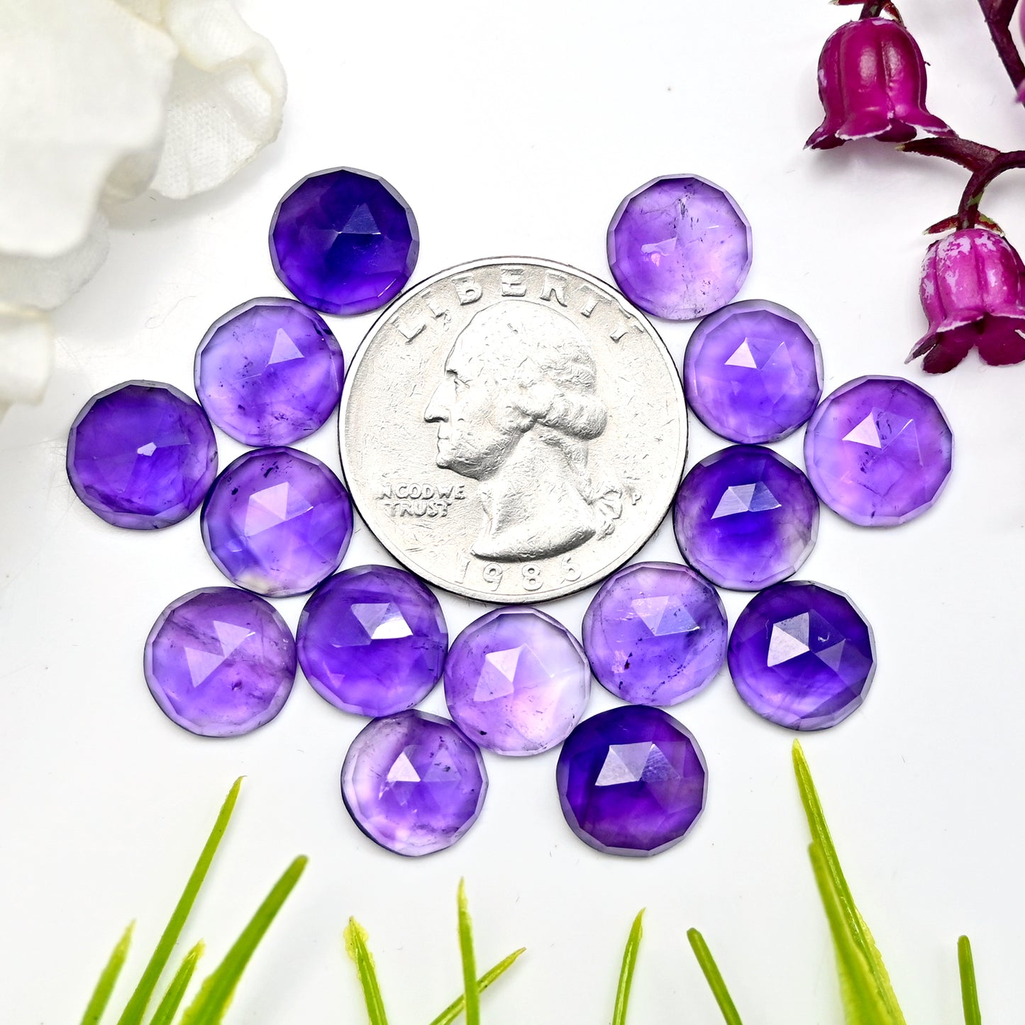 47,5 ct natürlicher Amethyst, 10 mm, kalibrierter Cabochon im Rosenschliff, runde Form, Edelsteinpaket der Güteklasse AA, insgesamt 15 Stück