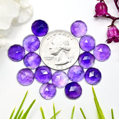 47,5 ct natürlicher Amethyst, 10 mm, kalibrierter Cabochon im Rosenschliff, runde Form, Edelsteinpaket der Güteklasse AA, insgesamt 15 Stück