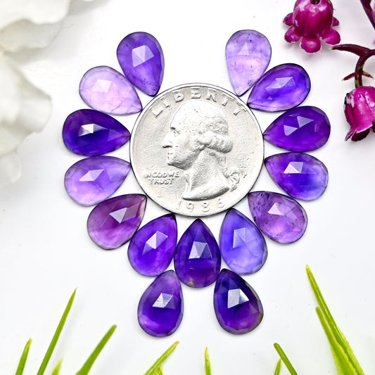 41.6cts Natural Amethyst 8x12mm Calibrated Rose Cut Cabochon Pear Shape AA Grade Gemstone Parcel -Total 15 Pcs