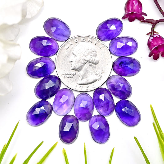 46,95 ct natürlicher Amethyst, 8 x 12 mm, kalibrierter Cabochon im Rosenschliff, ovale Form, Edelsteinpaket der Güteklasse AA, insgesamt 15 Stück