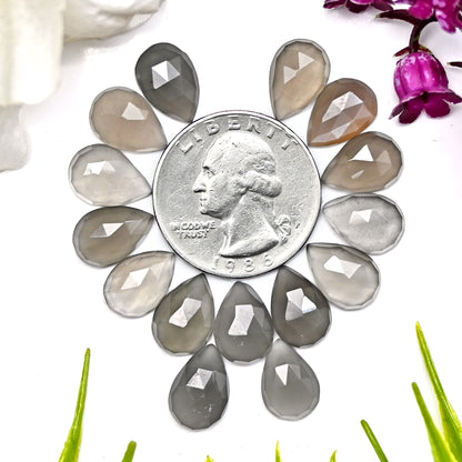 42.20cts Grey Moonstone Rose Cut Cabochon 8x12mm Tear Drop Shape AA Grade Gemstone Parcel - Total 15 Pcs