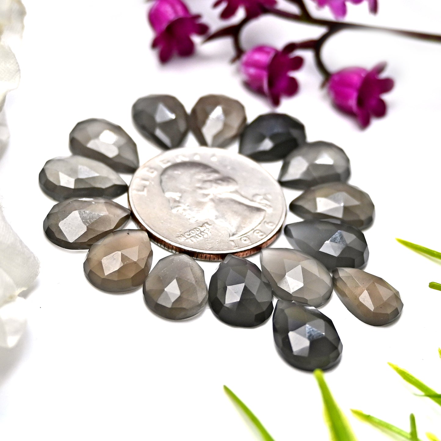 41.90cts Grey Moonstone Rose Cut Cabochon 8x12mm Tear Drop Shape AA Grade Gemstone Parcel - Total 15 Pcs