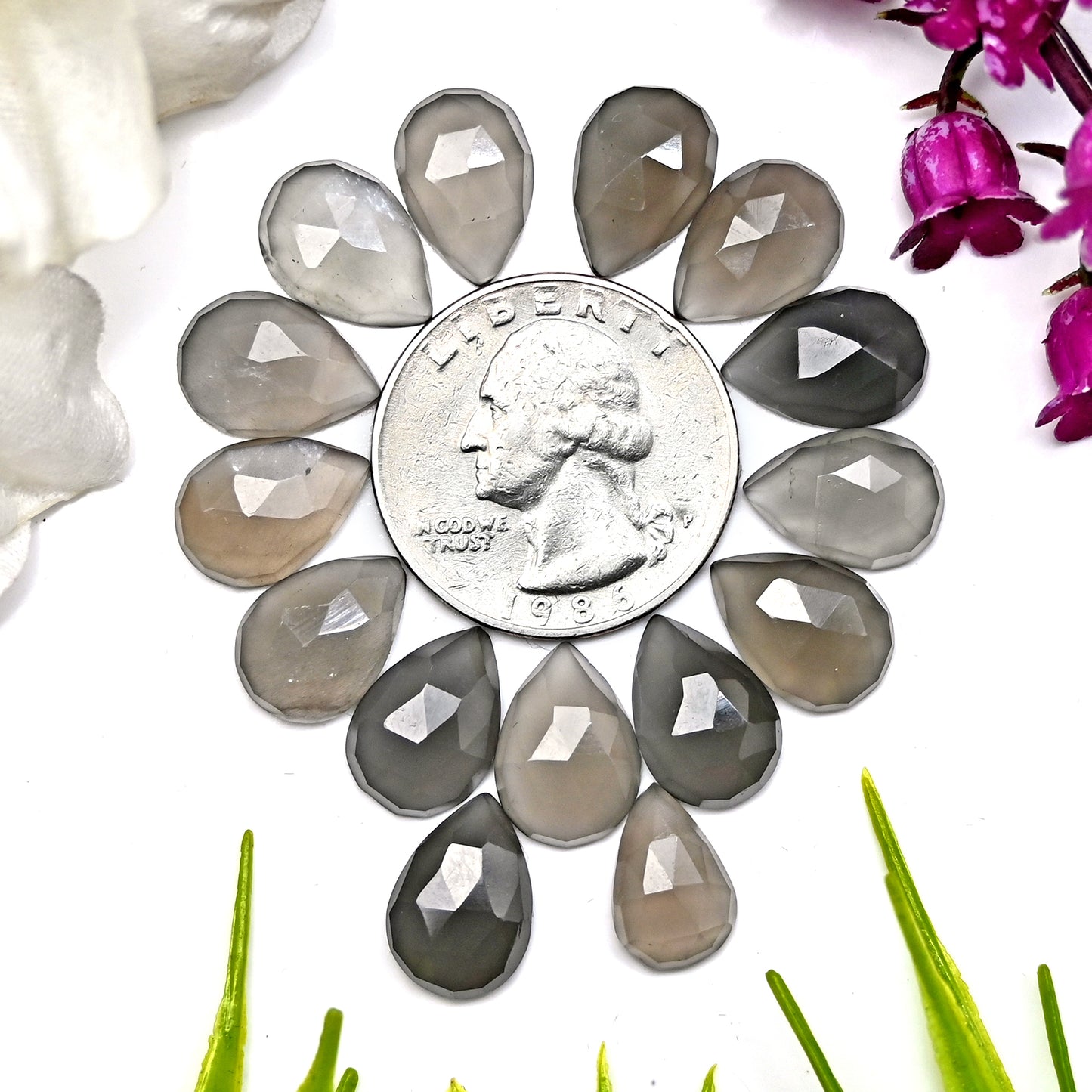 41.90cts Grey Moonstone Rose Cut Cabochon 8x12mm Tear Drop Shape AA Grade Gemstone Parcel - Total 15 Pcs