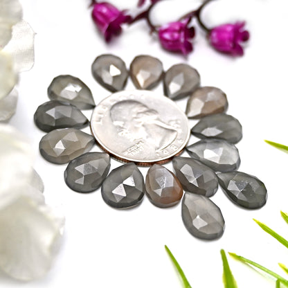 50.55cts Grey Moonstone Rose Cut Cabochon 9x13mm Tear Drop Shape AA Grade Gemstone Parcel - Total 15 Pcs