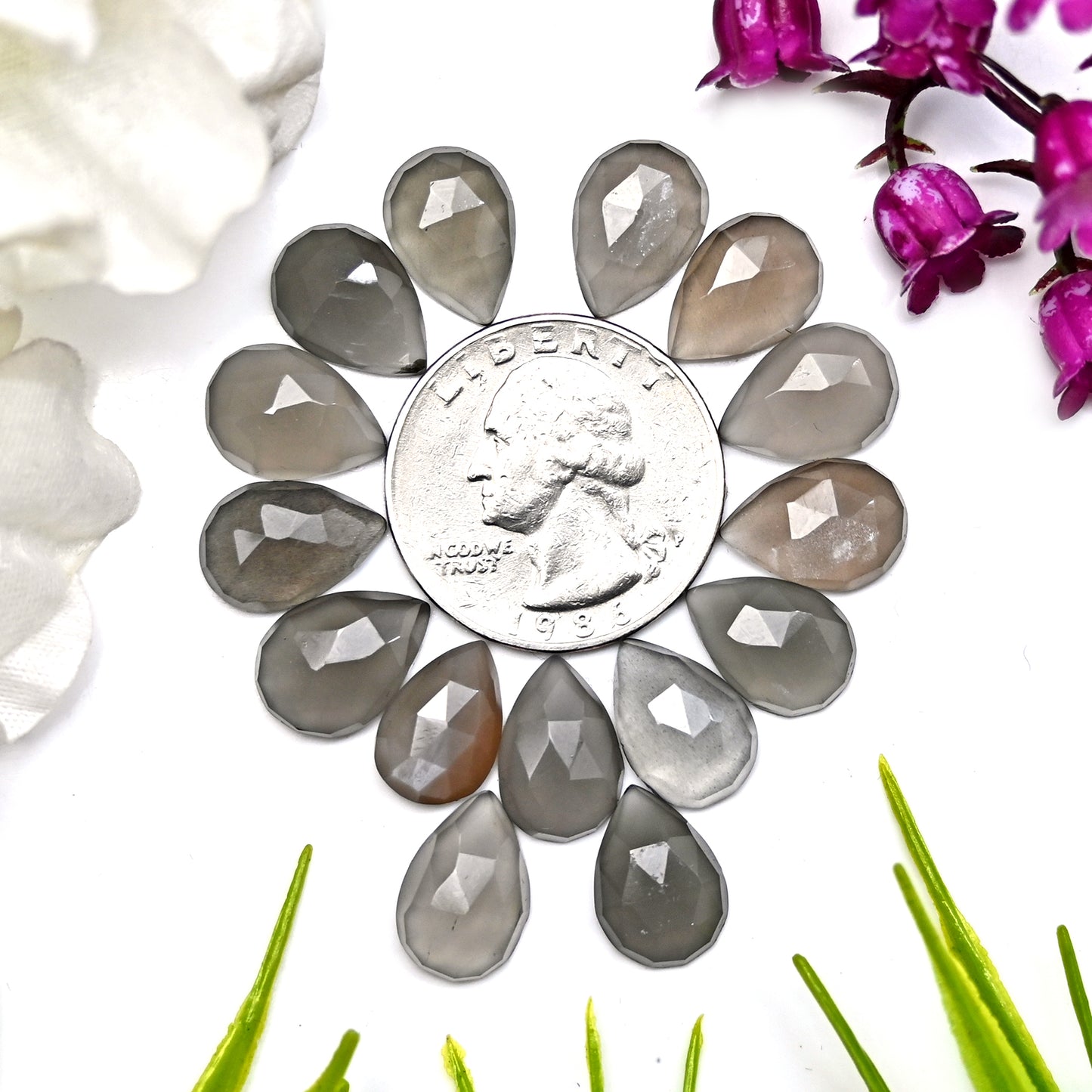 50.55cts Grey Moonstone Rose Cut Cabochon 9x13mm Tear Drop Shape AA Grade Gemstone Parcel - Total 15 Pcs