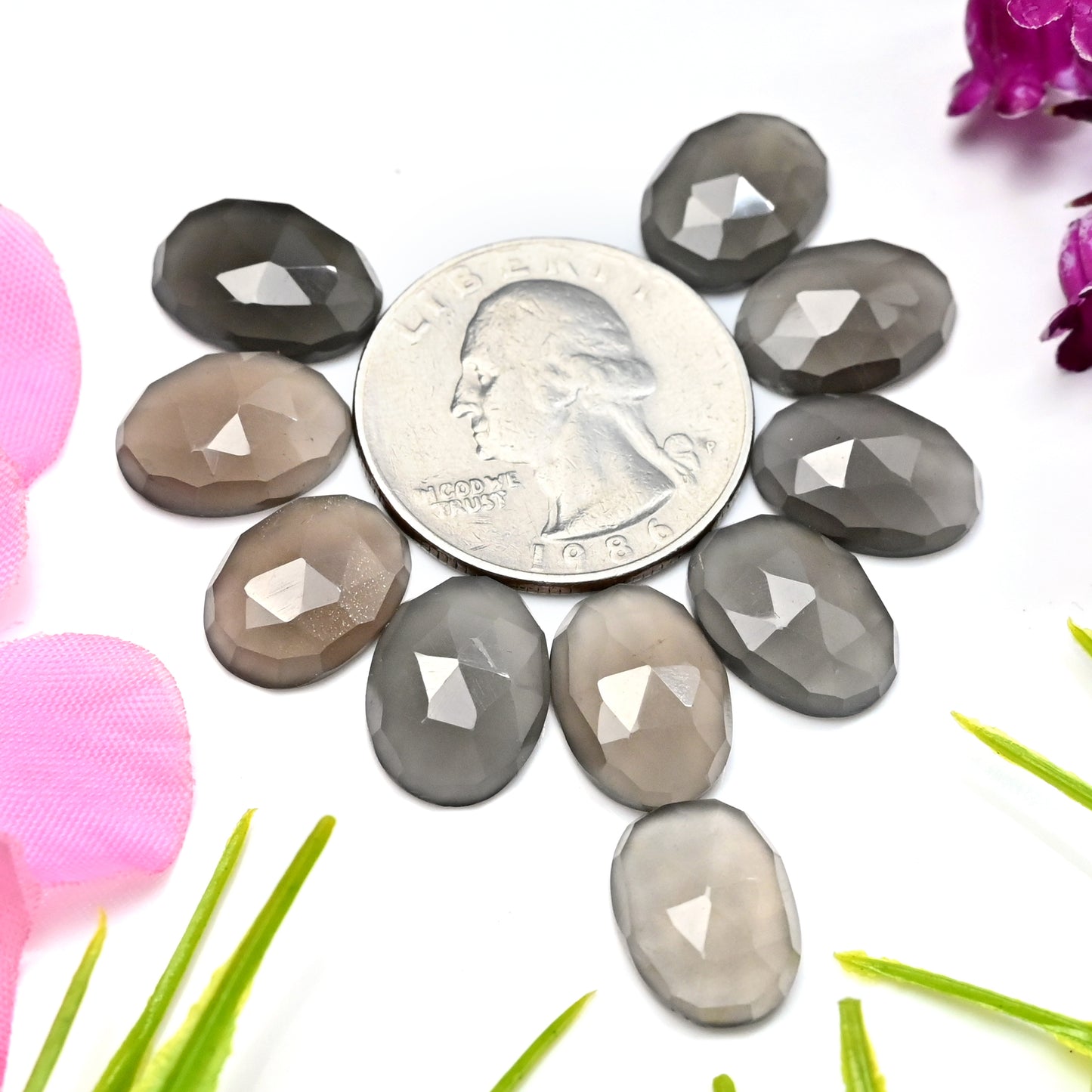 43.95cts Grey Moonstone Rose Cut Cabochon 10x14mm Oval Shape AA Grade Gemstone Parcel - Total 10 Pcs