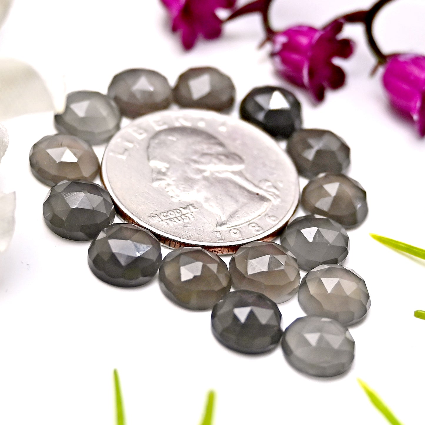 30.25cts Grey Moonstone Rose Cut Cabochon 8mm Round Shape AA Grade Gemstone Parcel - Total 15 Pcs