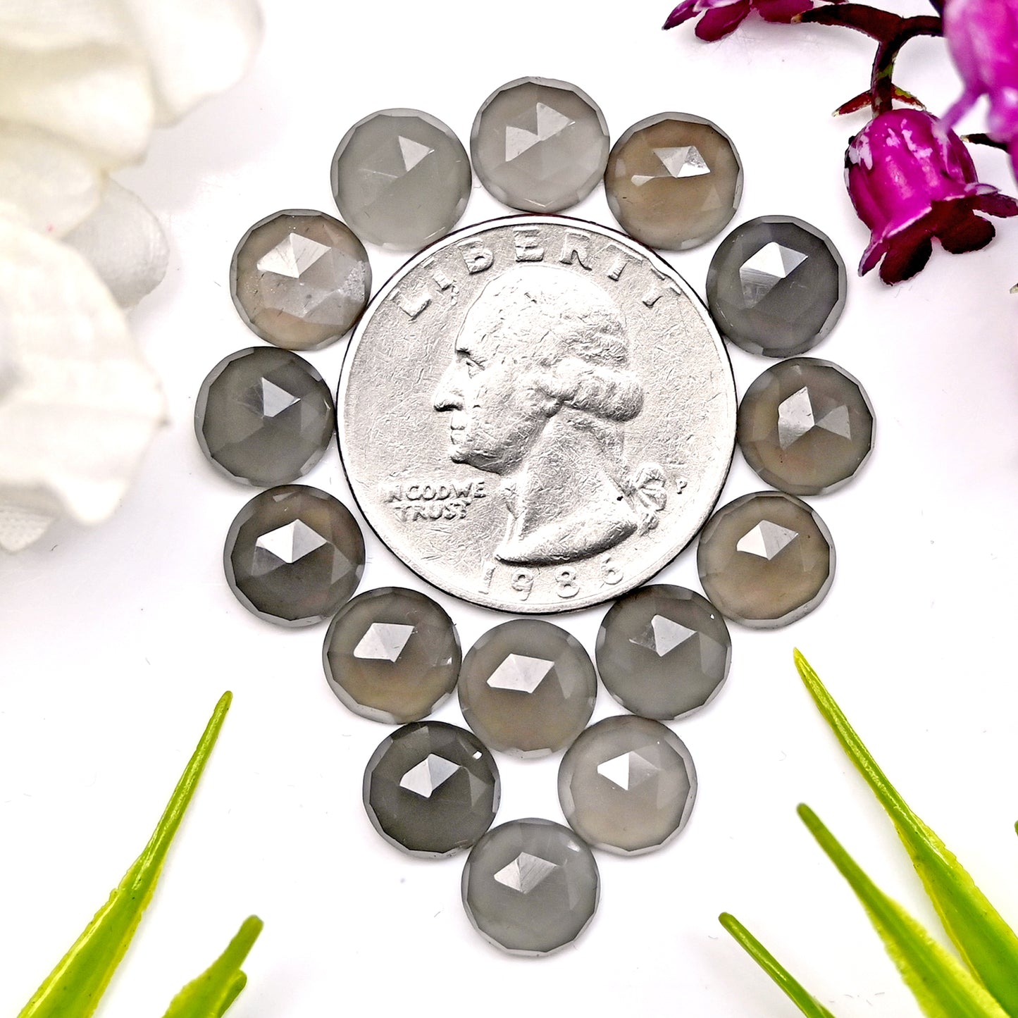 30.25cts Grey Moonstone Rose Cut Cabochon 8mm Round Shape AA Grade Gemstone Parcel - Total 15 Pcs