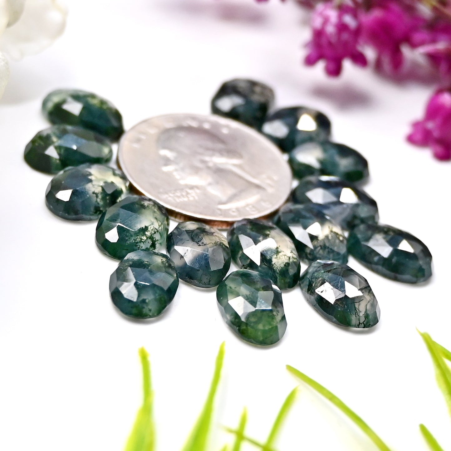 46.65cts Moss Agate Rosecut Cabochon 8x12mm Oval Shape AA Grade Gemstone Parcel -Total 15 Pcs