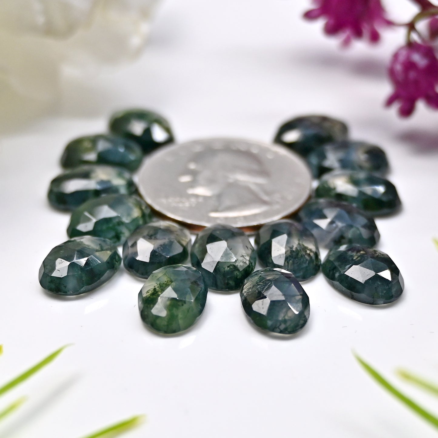 46.65cts Moss Agate Rosecut Cabochon 8x12mm Oval Shape AA Grade Gemstone Parcel -Total 15 Pcs