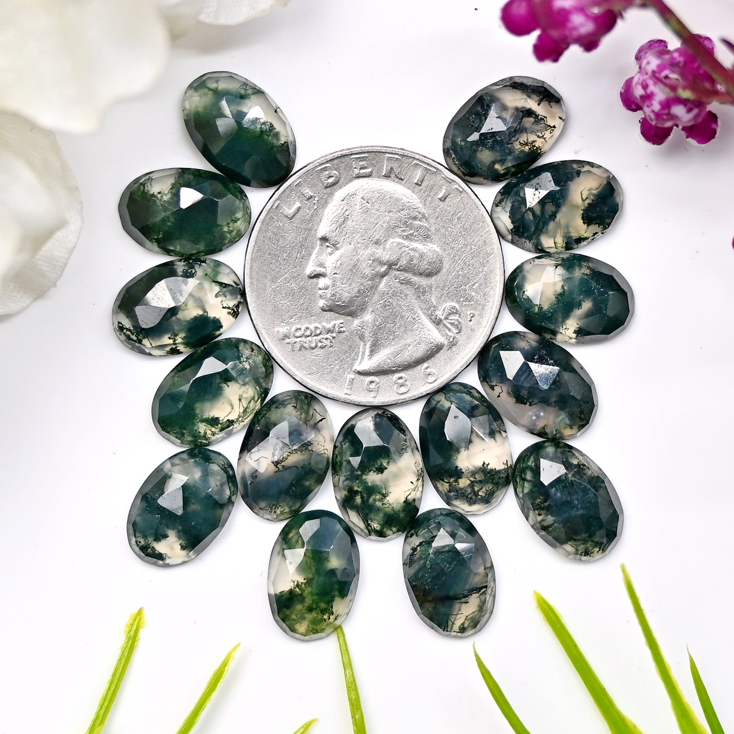 46.65cts Moss Agate Rosecut Cabochon 8x12mm Oval Shape AA Grade Gemstone Parcel -Total 15 Pcs