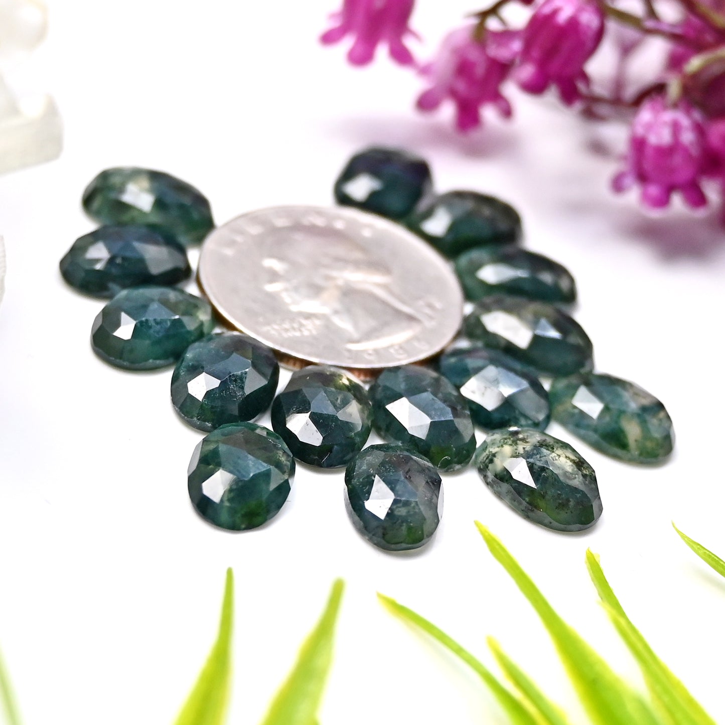 45.7cts Moss Agate Rosecut Cabochon 8x12mm Oval Shape AA Grade Gemstone Parcel -Total 15 Pcs