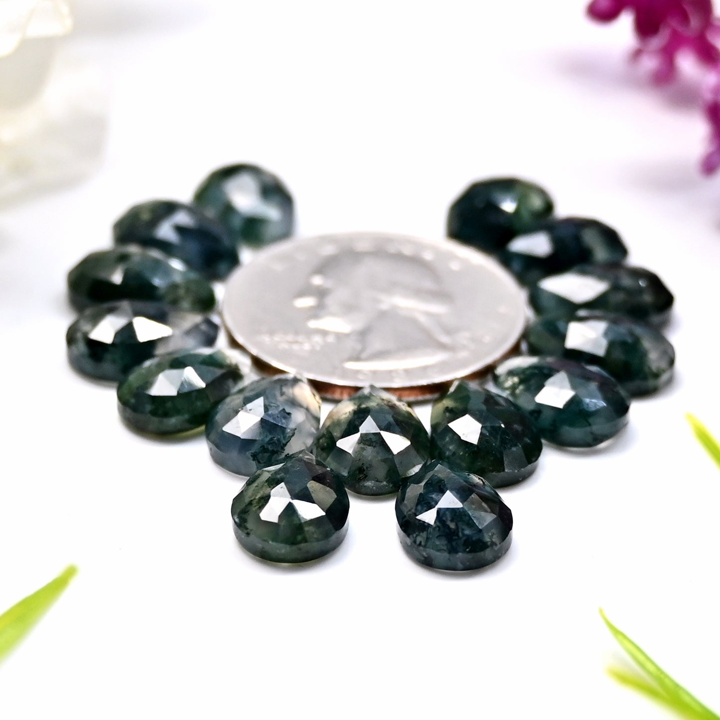 43.5cts Moss Agate Rosecut Cabochon 8x12mm Tear Drop Shape AA Grade Gemstone Parcel -Total 15 Pcs