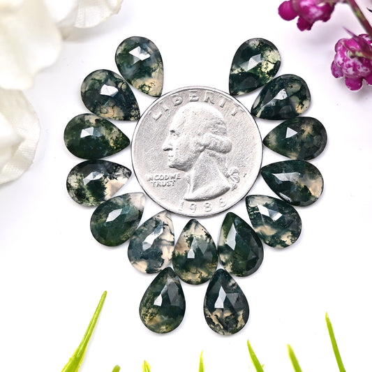 43.5cts Moss Agate Rosecut Cabochon 8x12mm Tear Drop Shape AA Grade Gemstone Parcel -Total 15 Pcs