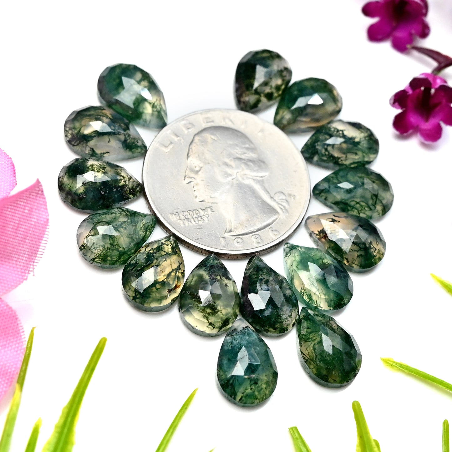 42.35cts Moss Agate Rosecut Cabochon 8x12mm Tear Drop Shape AA Grade Gemstone Parcel -Total 15 Pcs