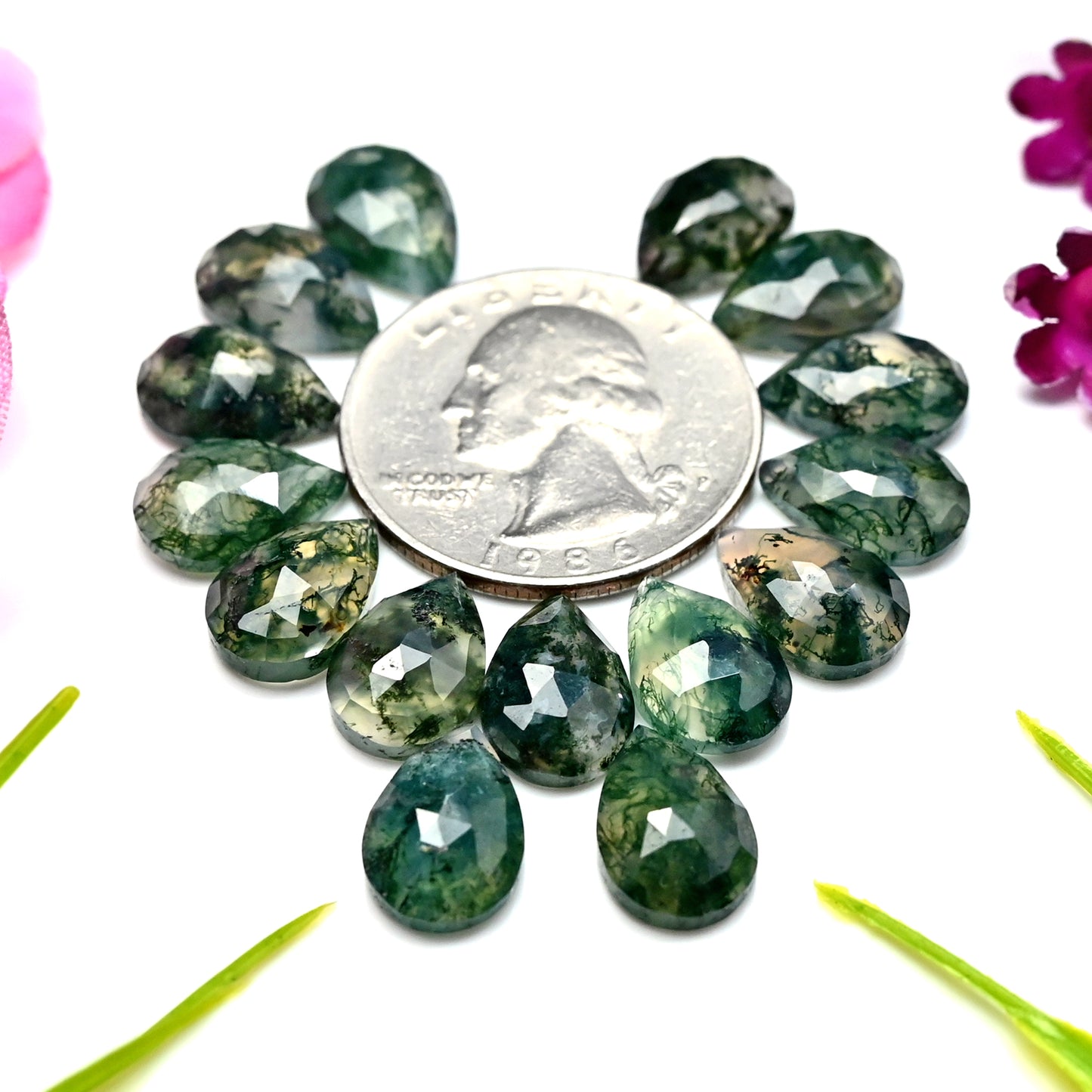 42.35cts Moss Agate Rosecut Cabochon 8x12mm Tear Drop Shape AA Grade Gemstone Parcel -Total 15 Pcs