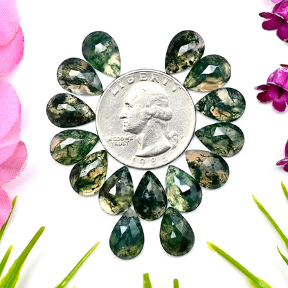 42.35cts Moss Agate Rosecut Cabochon 8x12mm Tear Drop Shape AA Grade Gemstone Parcel -Total 15 Pcs