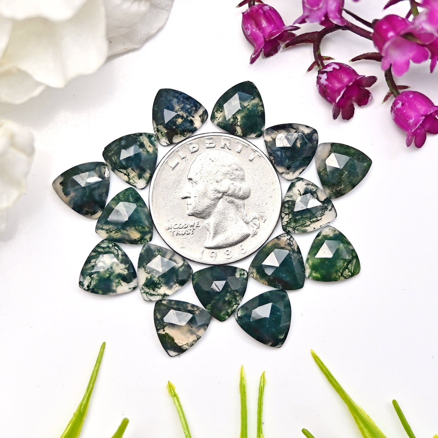 42.45cts Moss Agate Rosecut Cabochon 10x10mm Trillian Shape AA Grade Gemstone Parcel -Total 15 Pcs