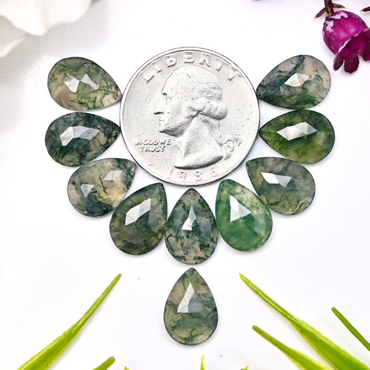 34.9cts Moss Agate Rosecut Cabochon 9x13mm Tear Drop Shape AA Grade Gemstone Parcel -Total 10 Pcs