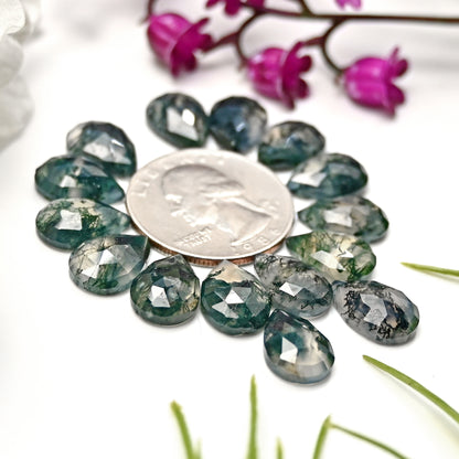 51.35cts Moss Agate Rosecut Cabochon 9x13mm Tear Drop Shape AA Grade Gemstone Parcel -Total 15 Pcs