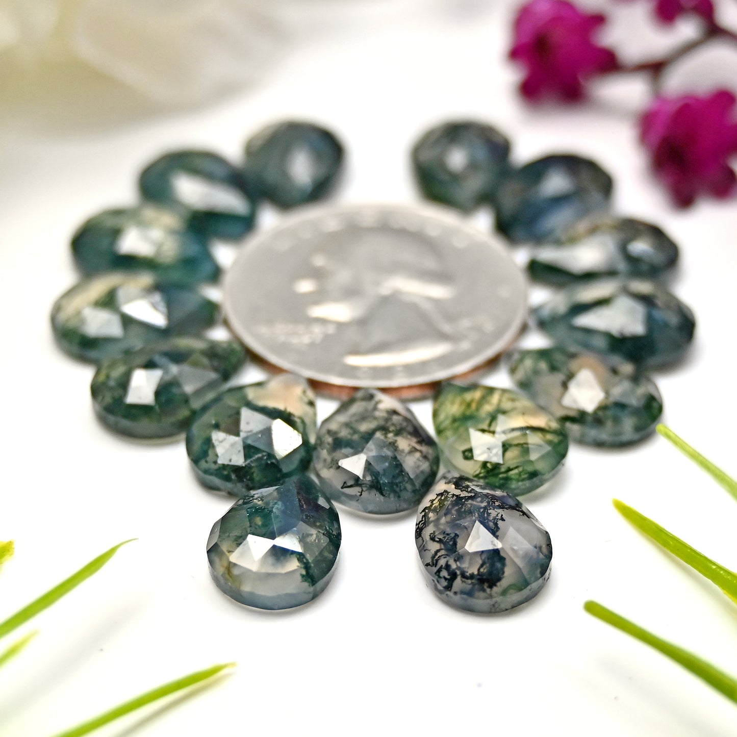 51.35cts Moss Agate Rosecut Cabochon 9x13mm Tear Drop Shape AA Grade Gemstone Parcel -Total 15 Pcs