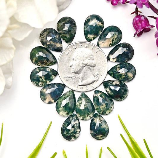 53.25cts Moss Agate Rosecut Cabochon 9x13mm Tear Drop Shape AA Grade Gemstone Parcel -Total 15 Pcs