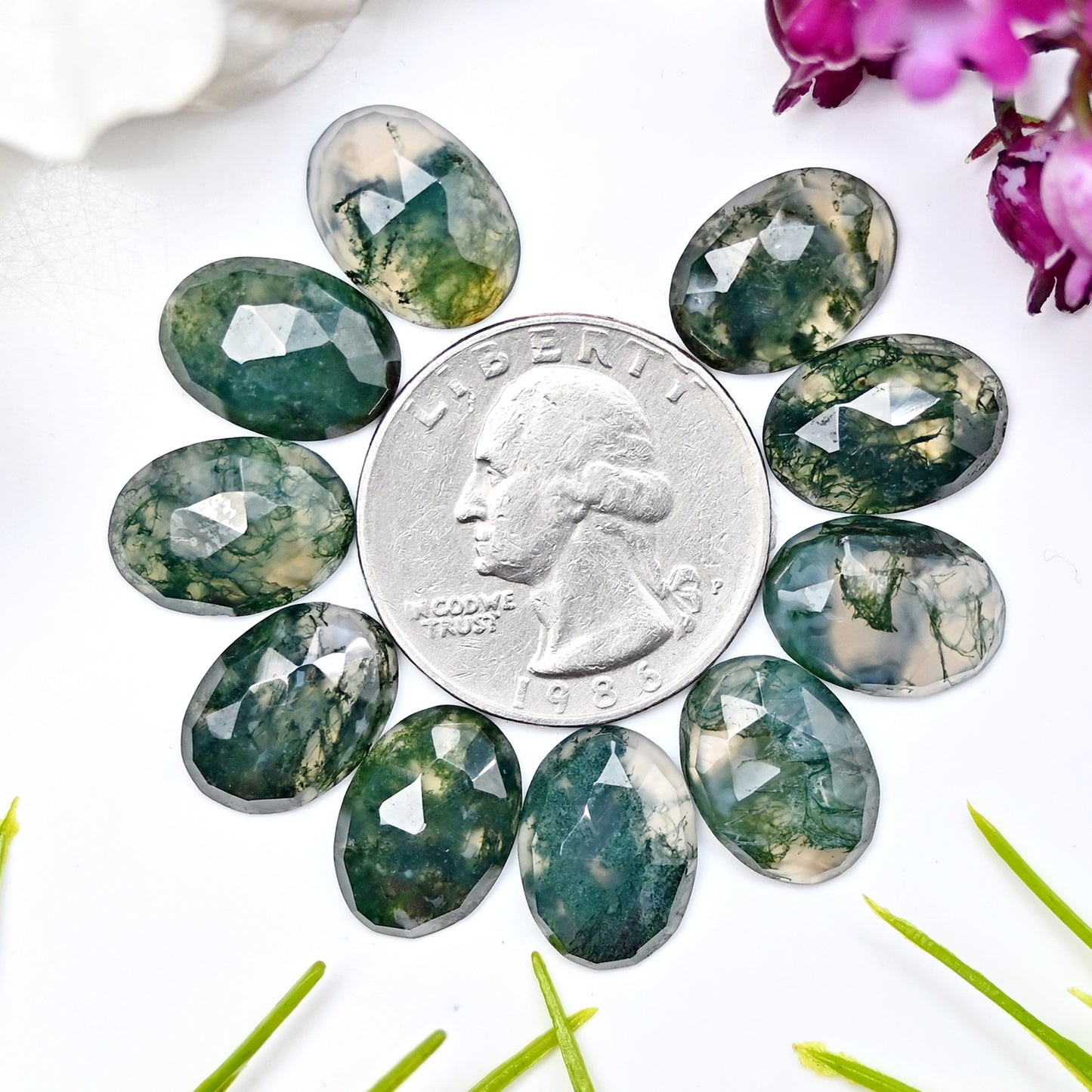 43.85cts Moss Agate Rosecut Cabochon 10x14mm Oval Shape AA Grade Gemstone Parcel -Total 10 Pcs