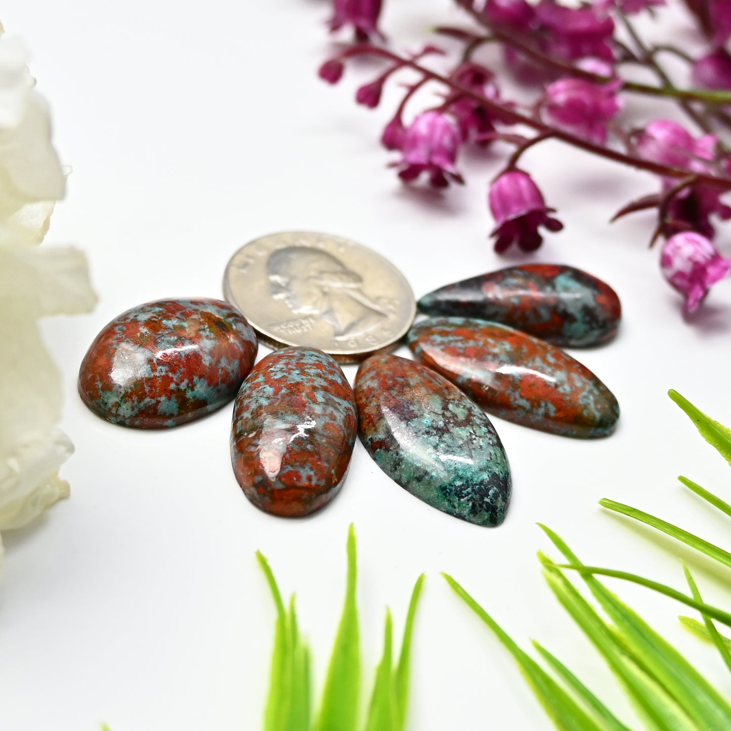 94.1cts Sonora Sunrise Chrysocolla Smooth Cabochon 18x26mm - 16x29mm Mix Shape AA Grade Gemstone Parcel -Total 5 Pcs