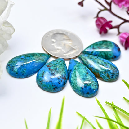 82.25cts Azurite Smooth Cabochon 14x25mm - 15x27mm  Pear Shape AA Grade Gemstone Parcel -Total 5 Pcs