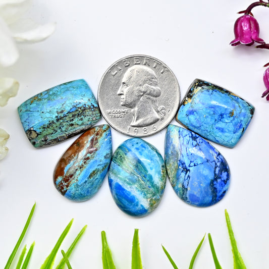 69.4cts Peruvian Blue Opal Smooth Cabochon 18x27mm - 16x21mm  Mix Shape Shape AA Grade Gemstone Parcel -Total 5 Pcs