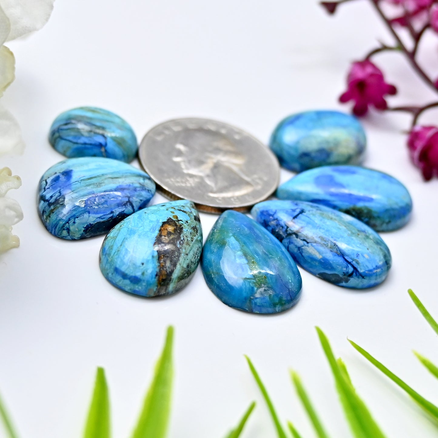 60.7cts Peruvian Blue Opal Smooth Cabochon 14x25mm - 12x15mm Mix Shape AA Grade Gemstone Parcel -Total 7 Pcs