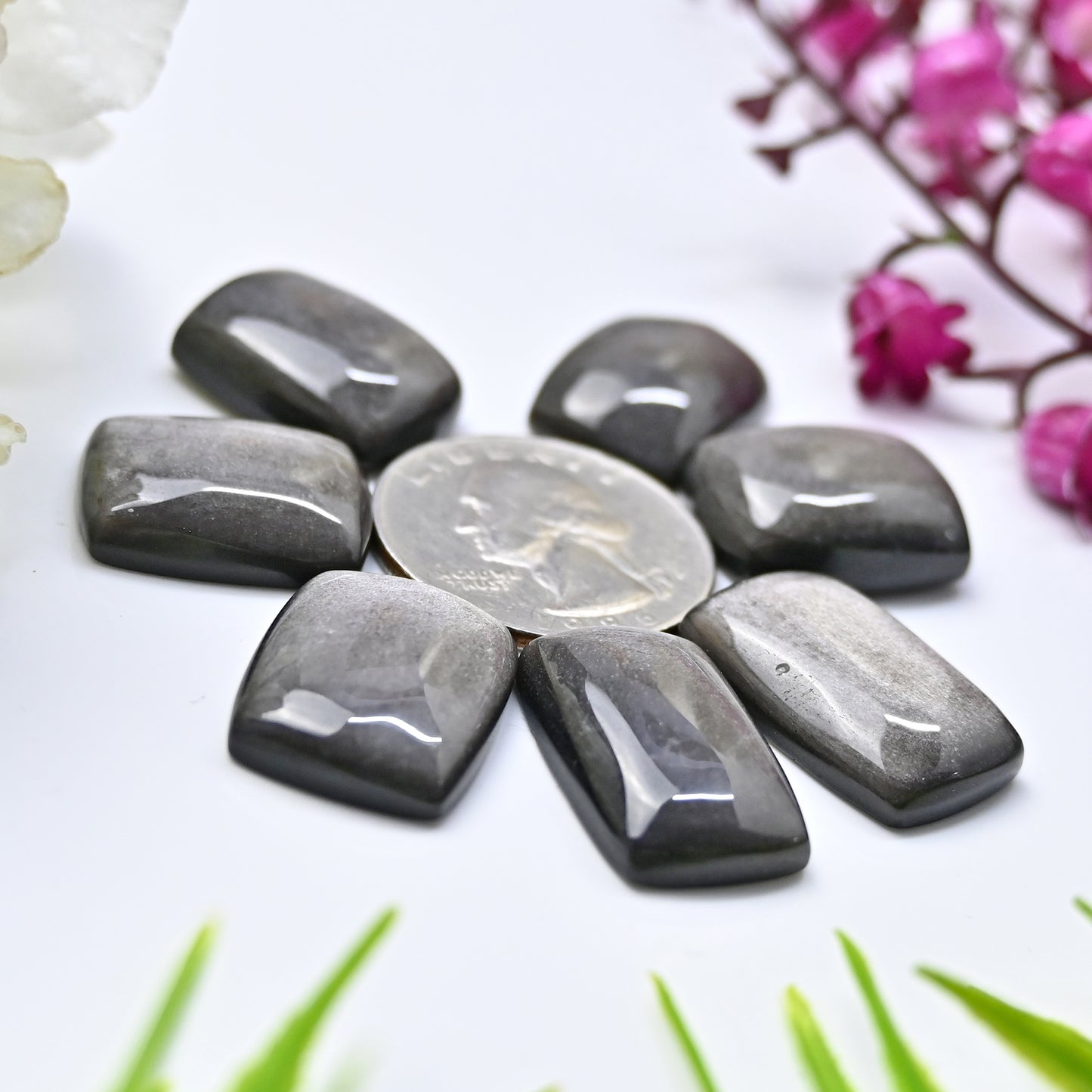 109.5cts Silver Sheen Obsidian Smooth Cabochon 15x20mm - 14x22mm square Shape AA Grade Gemstone Parcel -Total 8 Pcs