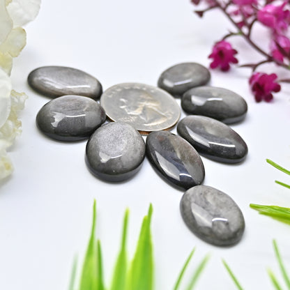 105.5cts Silver Sheen Obsidian Smooth Cabochon 16x20mm - 14x24mm Mix Shape AA Grade Gemstone Parcel -Total 8 Pcs