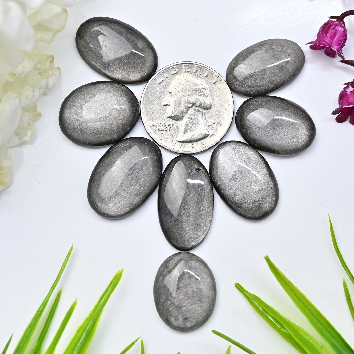 105.5cts Silver Sheen Obsidian Smooth Cabochon 16x20mm - 14x24mm Mix Shape AA Grade Gemstone Parcel -Total 8 Pcs