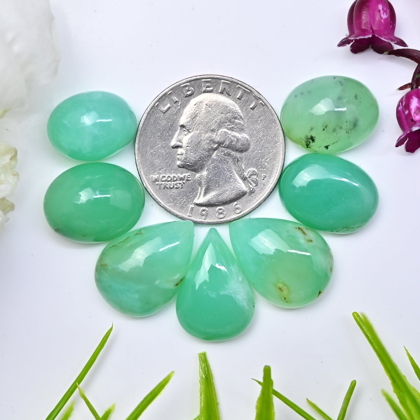 71.85cts Natural Australian Chrysoprase Smooth Cabochon 11x14mm - 13x19mm Mix  Shape AA Grade Gemstone Parcel -Total 7 Pcs