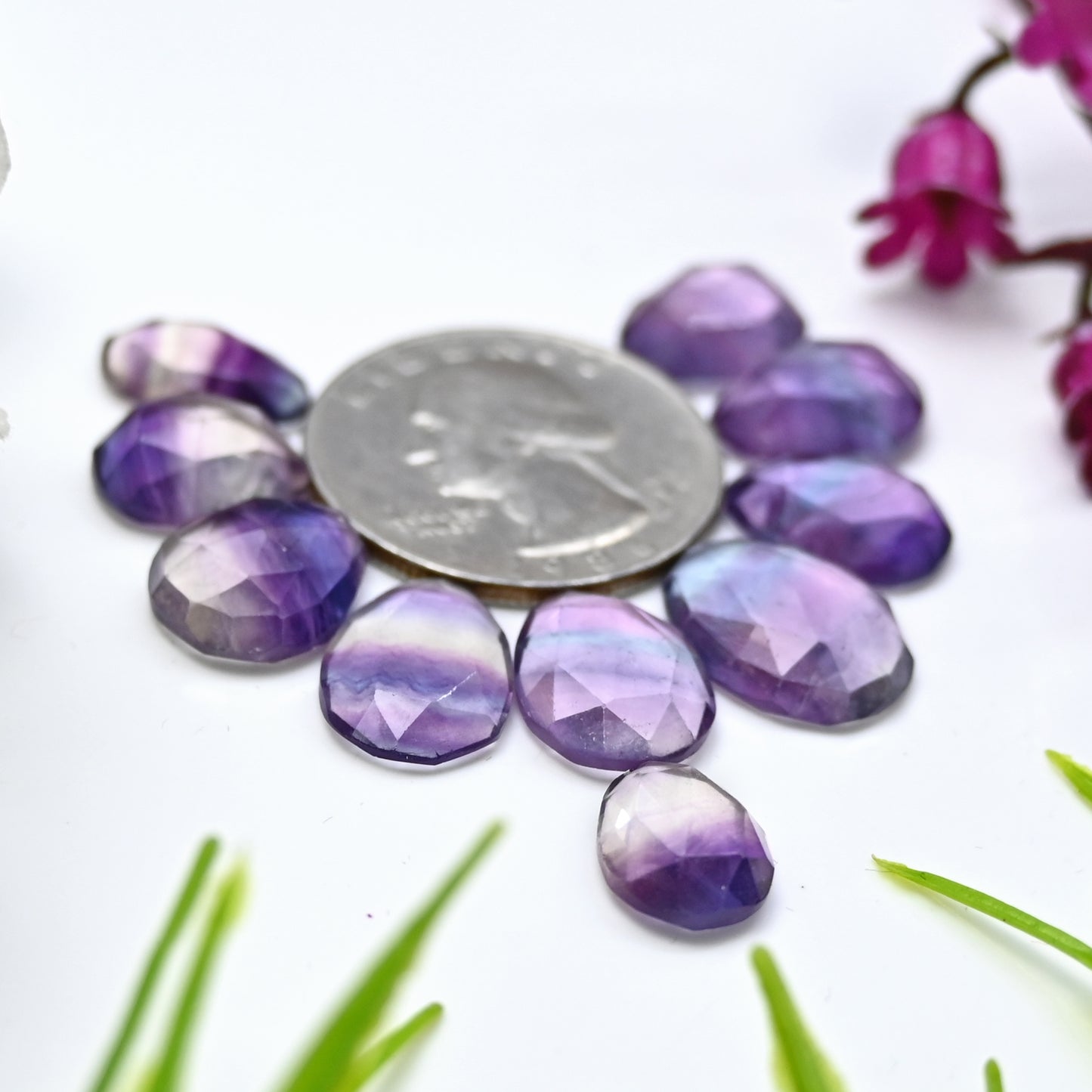 47.8cts Fluorite Rose Cut Cabochon 9x11mm - 11x15mm AA Grade Gemstone Parcel - Total 10 Pcs