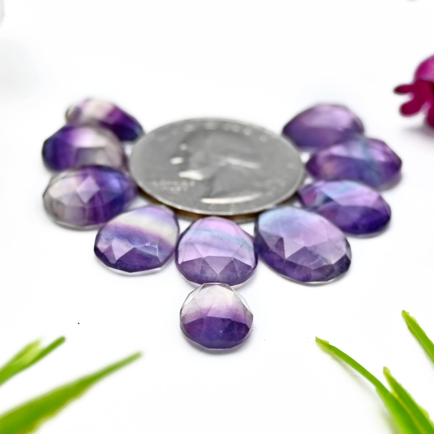 47.8cts Fluorite Rose Cut Cabochon 9x11mm - 11x15mm AA Grade Gemstone Parcel - Total 10 Pcs