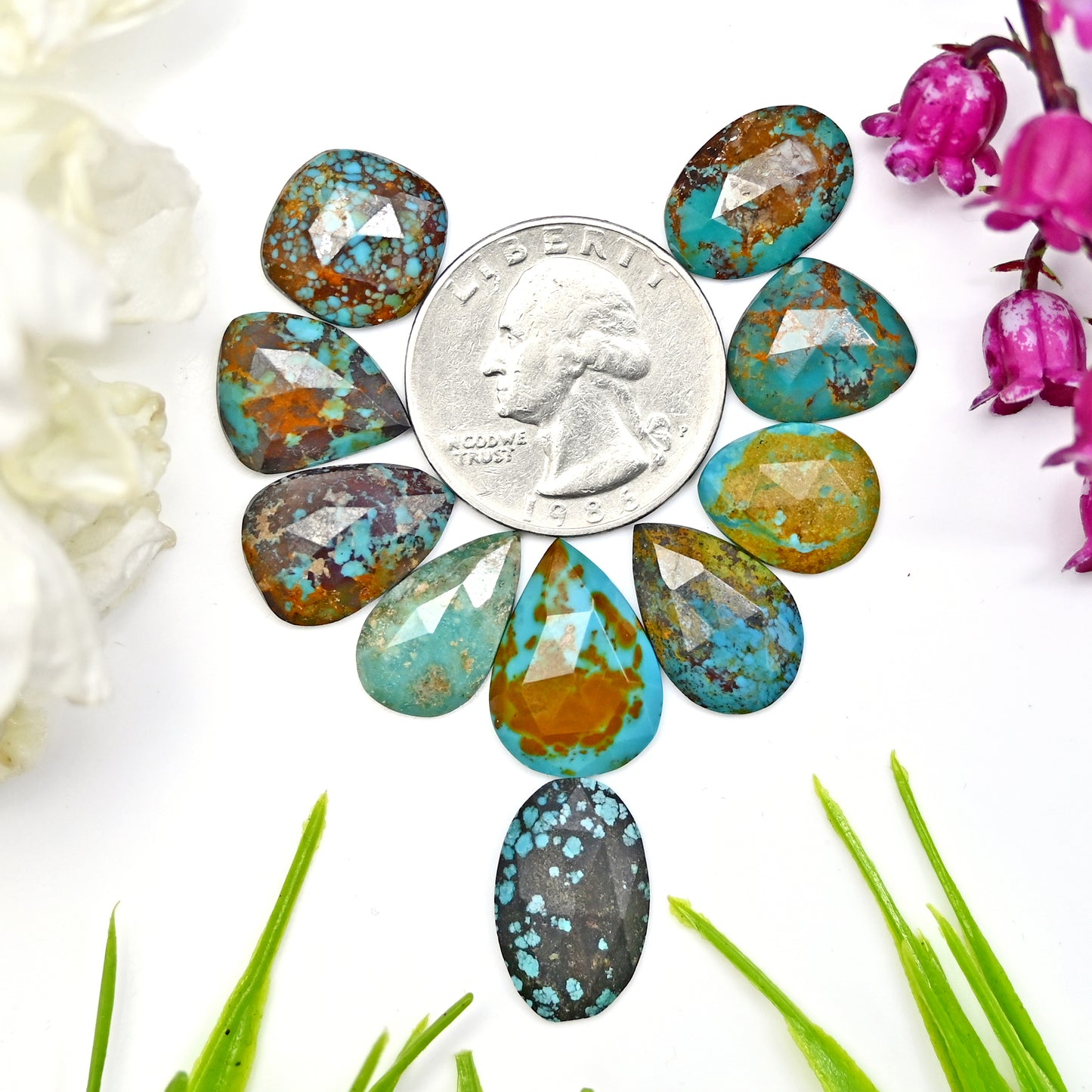 48.35cts Tibetian Turquoise Rose Cut Cabochon 13x18mm - 11x14mm Mix Shape AA Grade Gemstone Parcel -Total 10 Pcs