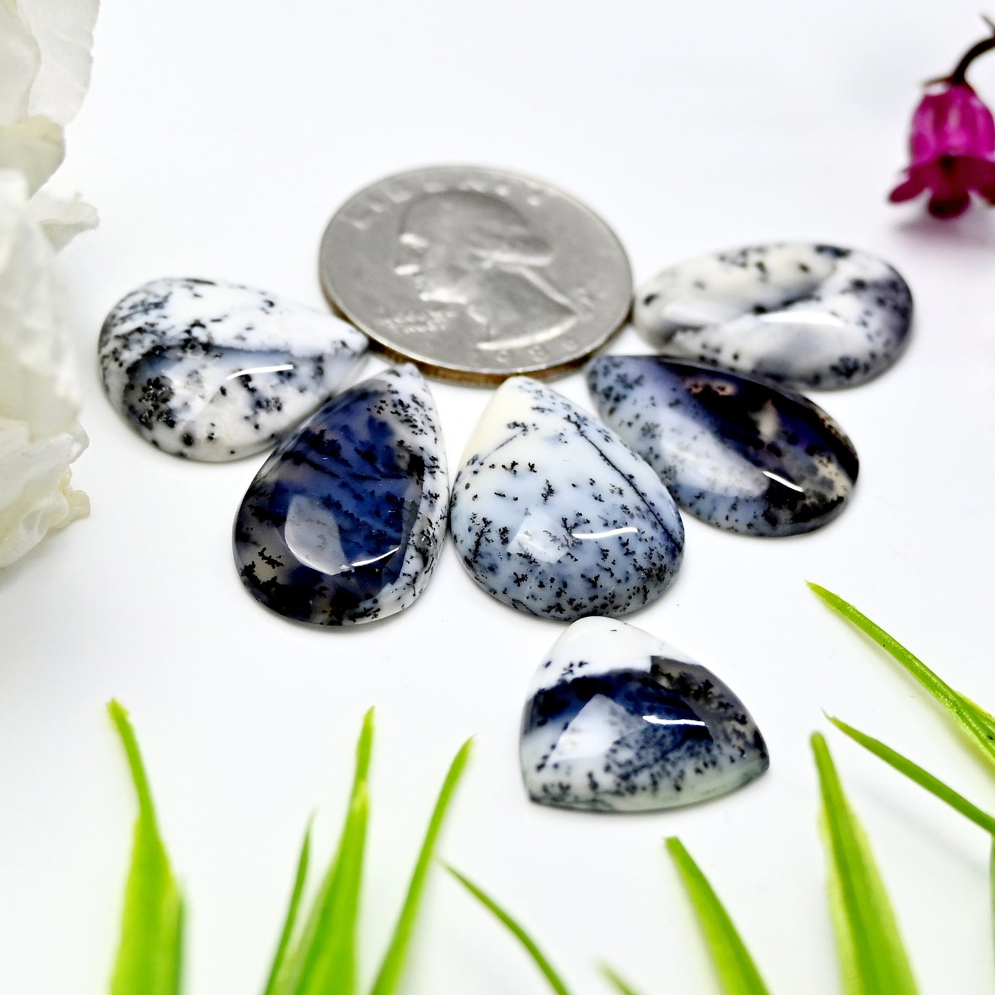 61.40cts Dendritic Agate 14x21mm - 18x20mm Smooth Cabochon Pear Shape AA Grade Gemstone Parcel -Total 6 Pcs