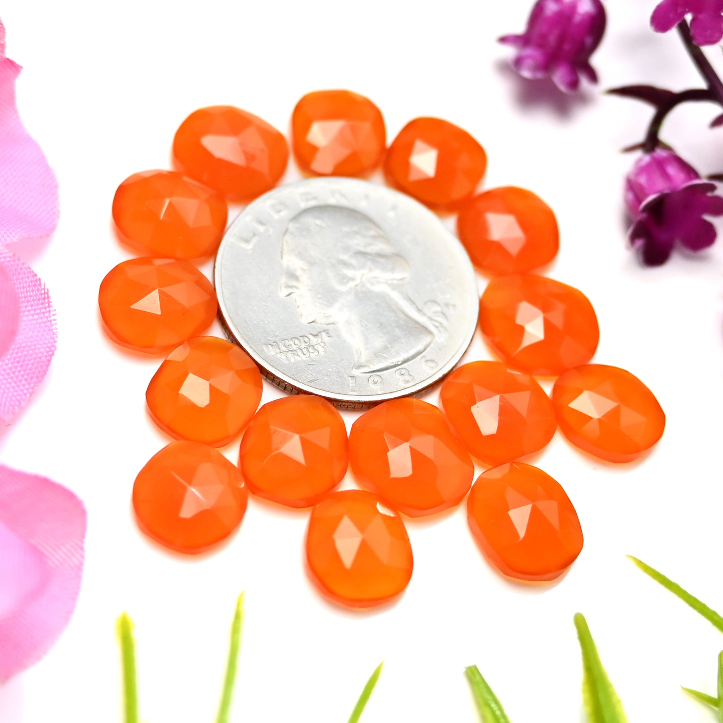 38.70cts Natural Carnelian 9x10mm - 10x11mm Freeform Rose Cut Cabochon AA Grade Gemstone Parcel -Total 15 Pcs