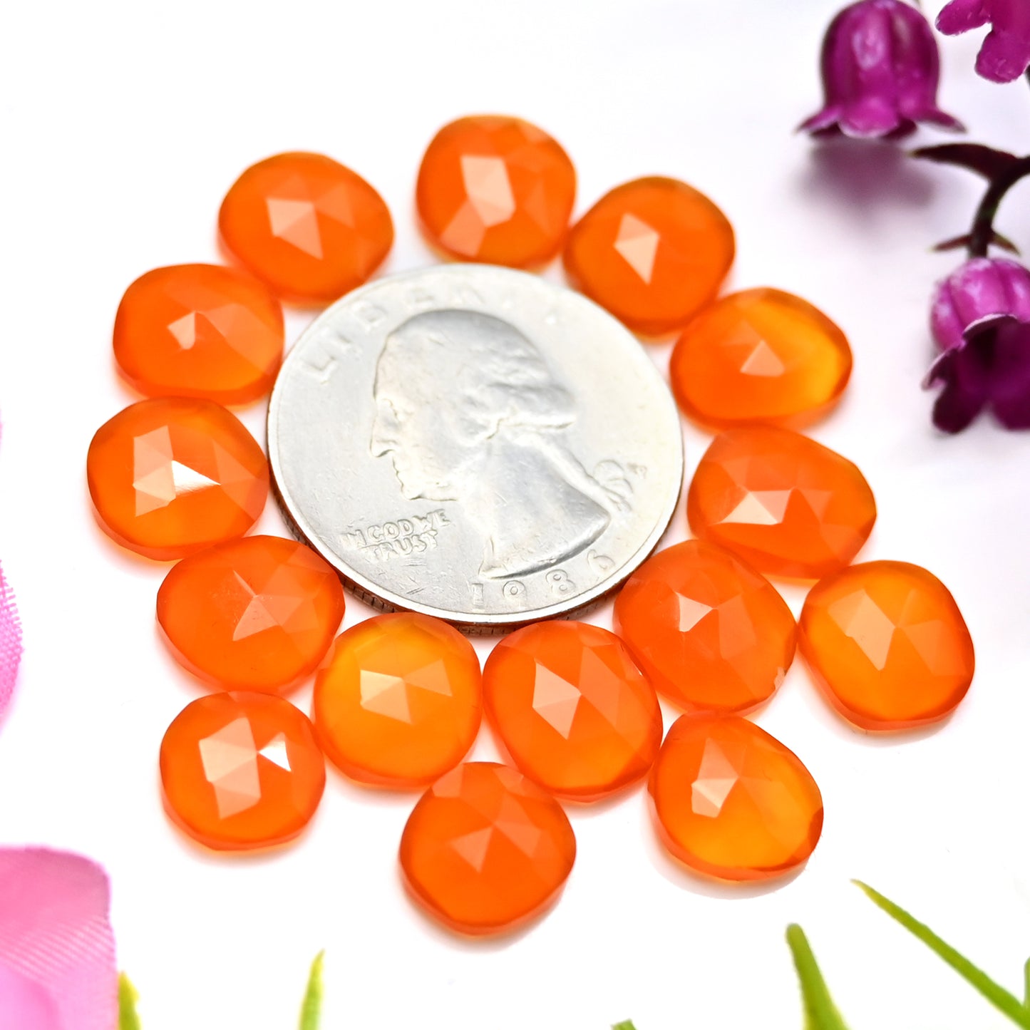 38.20cts Natural Carnelian 10x10mm - 9x11mm Freeform Rose Cut Cabochon AA Grade Gemstone Parcel -Total 15 Pcs