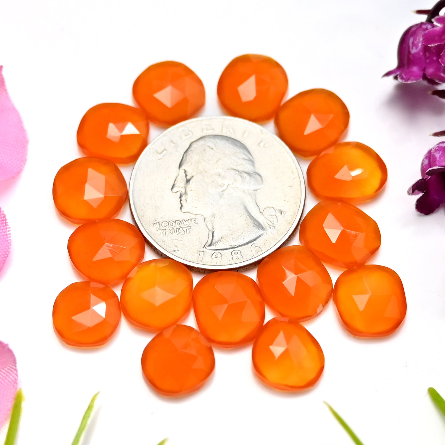 38.20cts Natural Carnelian 10x10mm - 9x11mm Freeform Rose Cut Cabochon AA Grade Gemstone Parcel -Total 15 Pcs