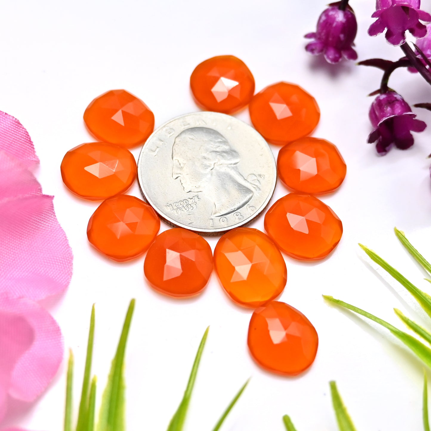 41.50cts Natural Carnelian 11x13mm - 12x12mm Freeform Rose Cut Cabochon AA Grade Gemstone Parcel -Total 10 Pcs