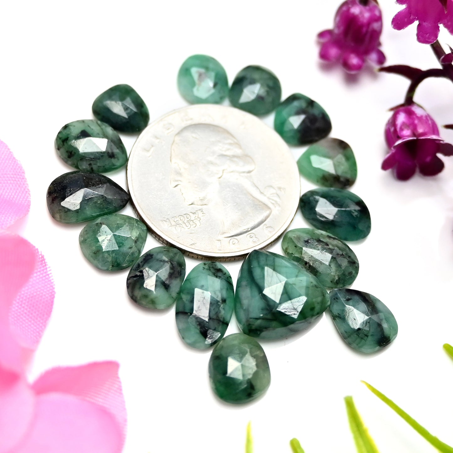 30cts Emerald Rose Cut Cabochon 8x8mm - 13x13mm Freeform Shape AA Grade Gemstone Parcel -Total 15 pcs