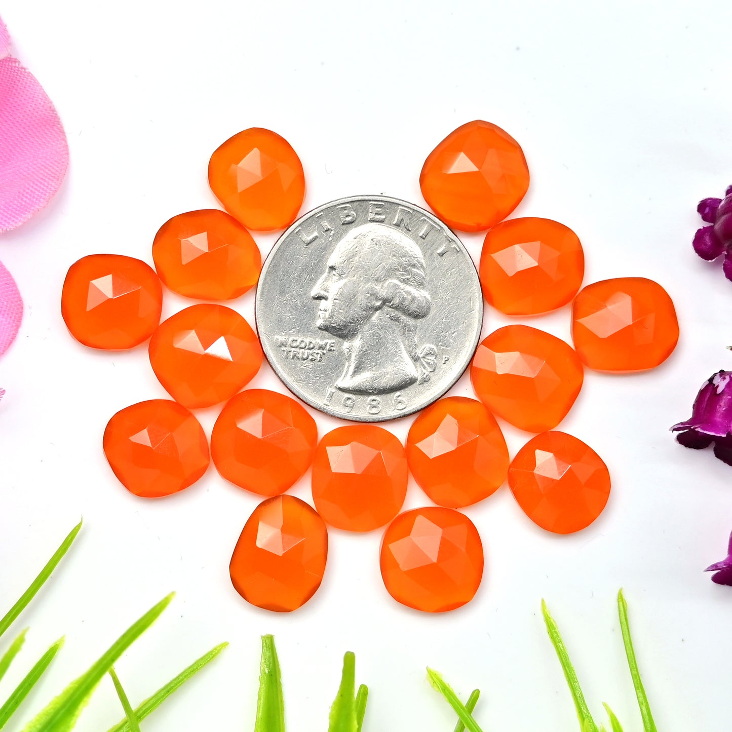 48.40cts Natural Carnelian 10x12mm - 11x11mm Freeform Rose Cut Cabochon AA Grade Gemstone Parcel -Total 15 Pcs