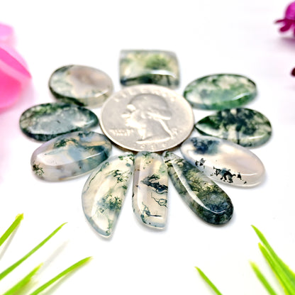 67.20cts Moss Agate Smooth Cabochon 10x16mm - 9x15mm AA Grade Gemstone Parcel -Total 10 Pcs