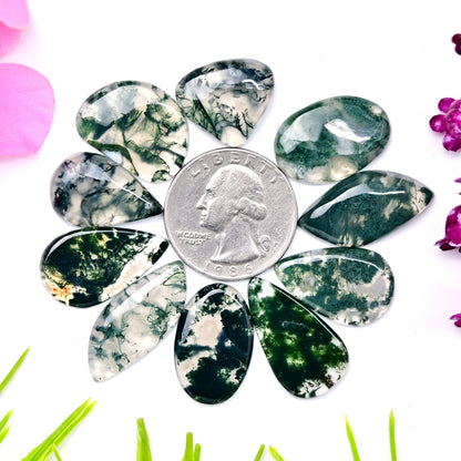 83.3cts Moss Agate Smooth Cabochons 16x18mm - 12x27mm Mix Shape AA Grade Gemstone Parcel -Total 10 Pcs